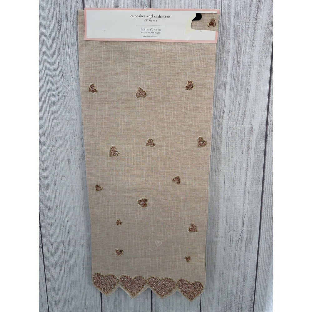 Cupcakes and Cashmere Table Runner Valentine's Pink Gold Metallic Beaded Hearts